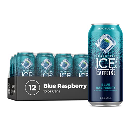 Sparkling Ice +Caffeine Blue Raspberry Sparkling Water, with Antioxidants and Vitamins, Zero Sugar, 16 Fl Oz (Pack of 12) - Blue Raspberry
