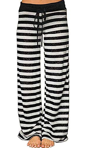 Elsofer Women's Pajama Lounge Pants Floral Print Comfy Casual Stretch Palazzo Drawstring Pj Bottoms Pants Wide Leg - Small - Black Striped