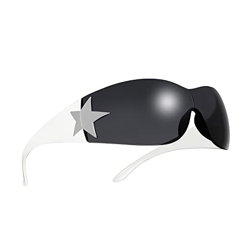 Rimless Y2K Sunglasses for Women Men,Trendy Shield Wrap Around Sunglasses Oversized Fashion Frameless Sun Glasses - Black White Shades