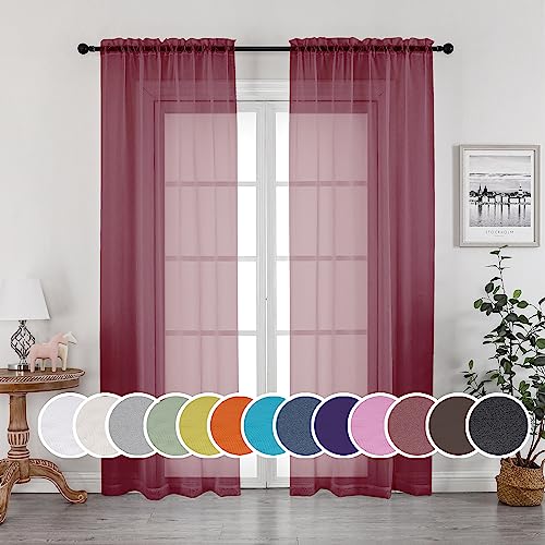 OWENIE Burgundy Red Sheer Curtains 84 inch Length 2 Panels Set, Rod Pocket Voile Fimly Sheer Drapes Backdrop for Living Room/Bedroom, 2pcs Panels, Each 42" W x 84" L, Red - Burgundy - 42"W x 84"L | 2 pcs