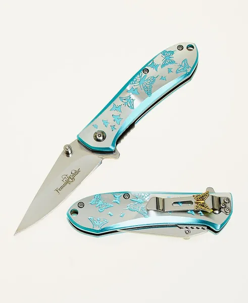 FEMME FATALE FF-A010LB Spring Assist Folding Knife, Two-Tone Straight Edge Blade, Blue & Silver Handle, 4" Closed