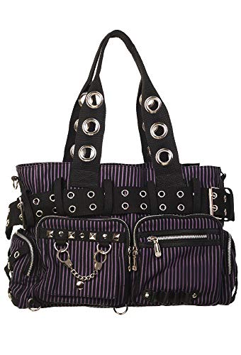 Lost Queen Striped Punk Rock Steampunk Purse with Handcuff Skull Charm - Solid Black