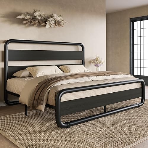 SHA CERLIN Queen Size Metal Bed Frame with Wooden Headboard and Footboard, Heavy Duty Oval-Shaped Platform Bed with Under-Bed Storage, Noise Free, No Box Spring Needed, Black - Queen - Black