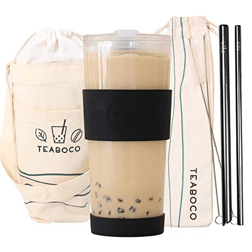TEABOCO All-in-One Reusable Boba Cup/Smoothie Tumbler - 24oz BPA FREE Bottle with Leak Proof Lid, Silicone Sleeve and Two Metal Straws for Water, Juice, Smoothies, Bubble Milk Tea and Coffee (Black) - Black