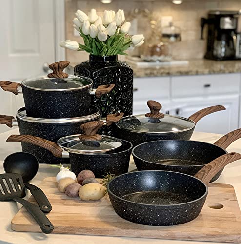 Kitchen Academy Induction Cookware Sets - 12 Piece Cooking Pan Set, Granite Black Nonstick Pots and Pans Set - 12 PCS Cookware Set - Black