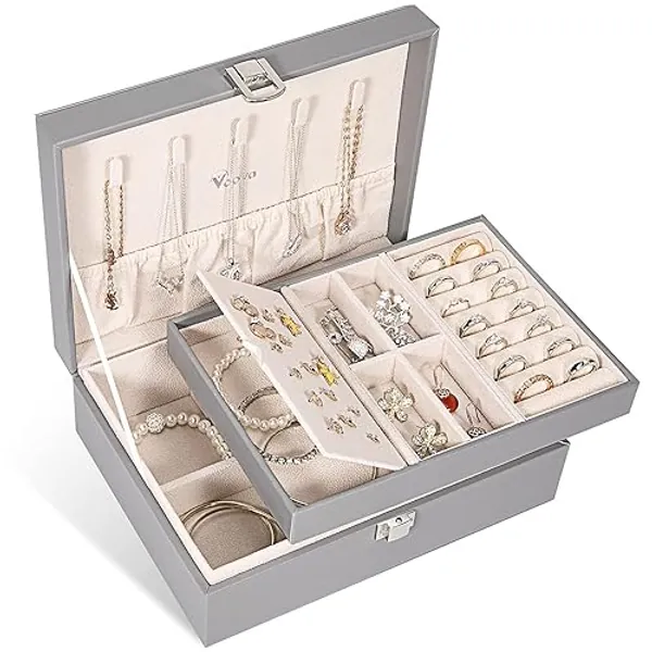 Voova Jewelry Box Organizer for Women Girls, 2 Layer Large Men Storage Case, PU Leather Display Jewellery Holder with Removable Tray for Necklace Earrings Rings Bracelets, Vintage Gift,Grey - Medium - M-Grey