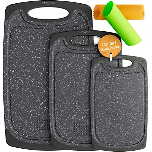 Tribal Cooking Cutting Boards - 3 Set - Warrior Strength Small to Extra Large Cutting Boards for Kitchen, Meat, Vegetables - Dishwasher Safe, Juice Groove, Non-Slip Rubber Chopping Board Set - Black / Gray