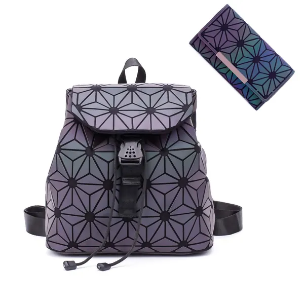 Women Geometric Luminous Backpack Handbag Fashion Shoulder Bag Lingge Flash Travel Rucksack - No.6+wallet Set