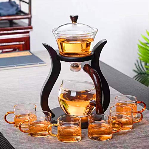 Aoheuo Lazy Kungfu Glass Tea Set Water Diversion Rotating Cover Bowl Semi-Automatic Glass Teapot Suit (Wooden) - Wooden