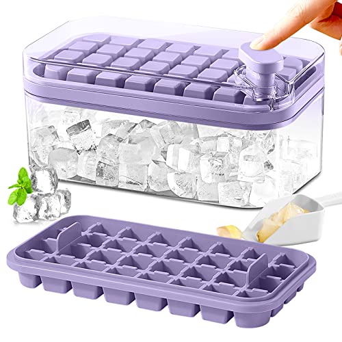 Ice Cube Tray with Lid and Bin for Freezer, 2 Pack, 64 Pcs Ice Cube Mold (Purple) - Purple