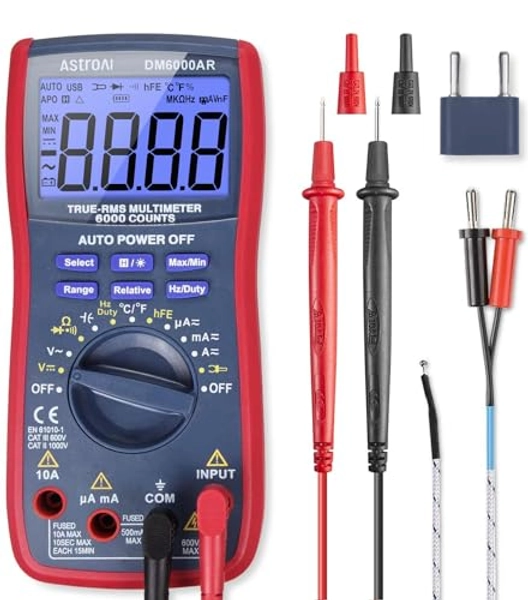 AstroAI Digital Multimeter and Analyzer TRMS 6000 Counts Volt Meter Ohmmeter Auto-Ranging Tester; Accurately Measures Voltage Current Resistance Diodes Continuity Duty-Cycle Capacitance Temperature - Red