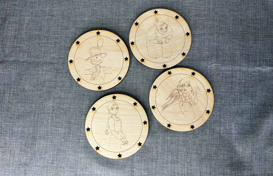 Howl’s Moving Castle Coasters set of four (Engraved)- Gift for Studio Ghibli Fans - Ask About Commissions & Custom Art