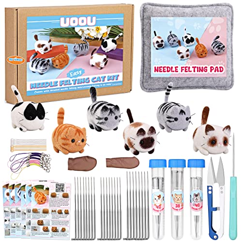 UOOU Needle Felting Beginners Kit with Storage Box, Needle Felting Supplies with 24 Pcs Felting Needles, Felting Pad, Awl, Yarn Scissors, Wool Roving, Instruction Manual, DIY Needle Felting Cat Dolls - Six Cat Kit