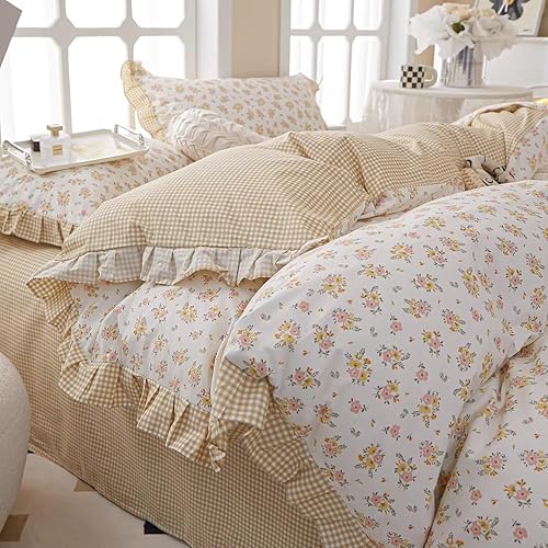 MKXI Queen Size Pink & Yellow Floral Ruffled Comforter Set - 3 Piece Cottagecore Style Reversible Bed Set with Beige Plaid Pattern, Soft Aesthetic Bedding Set for Girls Wome - Queen - 001 Ruffles - Yellow Pink Flower & Plaid