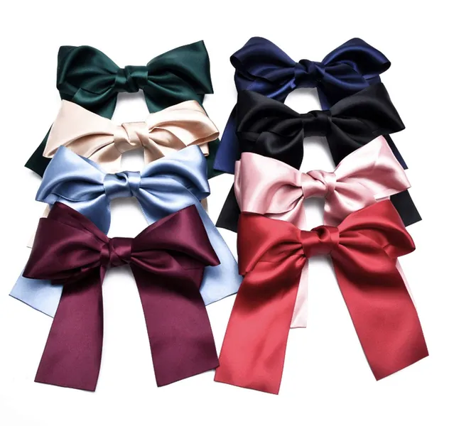 Set of 8 Big Satin Solid Ribbon French Barrette Large Big Huge Soft Silky Hair Bow Clip Bow Hair Clips Women Barrettes - 