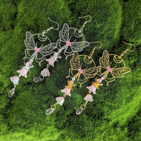 Fairycore Butterfly Dangle Earrings, Beaded Jewelry, Flower Earrings, Suncatcher Earrings