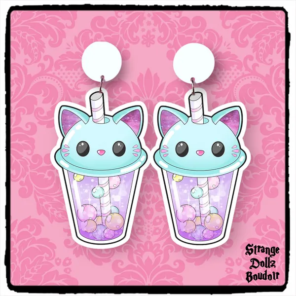 Cute cat earrings, cat drinking cup, Cute pastel, Handmade earrings