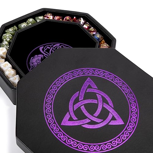 DND Dice Tray - Premium 8 Inch Tray Dungeons and Dragons - Exquisitely Detailed Purple World Tree & Triquetra Design - Perfect Rolling & Box Storage to Protect Your Dice for D&D and RPG - Purple Celtic Knot