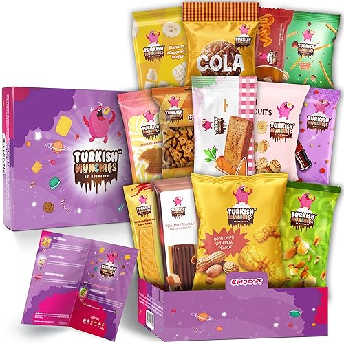 Turkish Munchies by Muekzoin Midi International Snack Box | Premium and Exotic Foreign Unique Snack Food Gifts Included | Try Extraordinary Turkish Gourmet Snacks | Candies from Around the World | Fantastic Space Themed Box | 12 Full-Size Snacks - Midi Purple