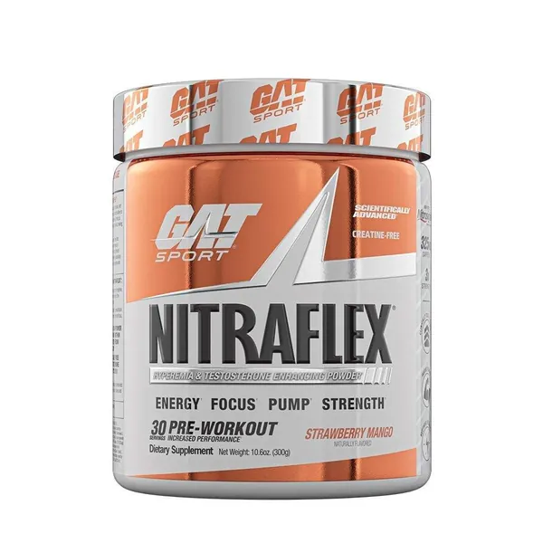 GAT Sport, NITRAFLEX Testosterone Boosting Powder, Increases Blood Flow, Boosts Strength and Energy, Improves Exercise Performance, Creatine-Free (30 Servings) (Strawberry Mango) - 