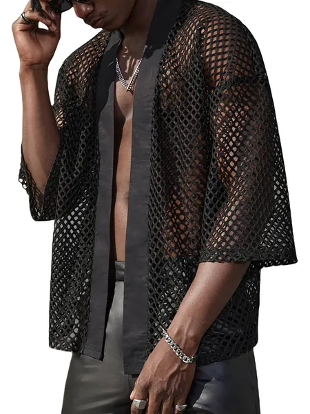 Verdusa Men's Open Front 3/4 Sleeve Fishnet Sheer Mesh Kimono Cardigan - XX-Large Black