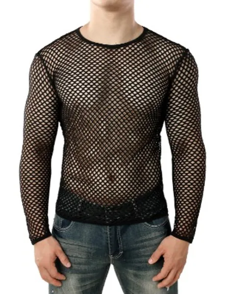 JOGAL Men's Mesh Fishnet Fitted Long Sleeve Muscle Top