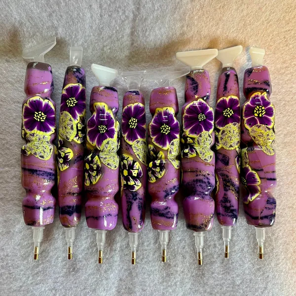 Diamond Painting Pen, Purple Petals, Handmade, Polymer Clay, Drill Pen, with Multiplacer or Straightener, Ergonomic