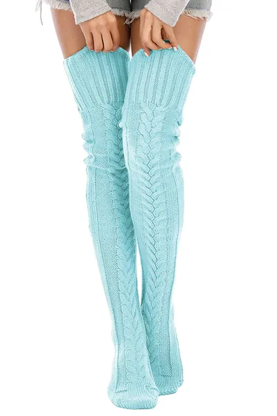 Leoparts Women's Cable Knitted Thigh High Boot Socks Extra Long Winter Stockings Over Knee Leg Warmers - 626-pastel Blue One Size