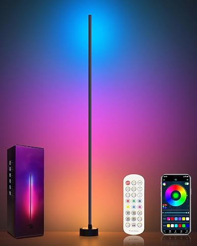 Miortior Lampadaire Led sur Pied, Lampadaire LED d'Angle RGB avec Contrôle APP et Télécommande, Synchronisation Musicale, 16 Millions de Couleurs et 68 Modes de Scène, Lampe Moderne pour Chambre - Noir