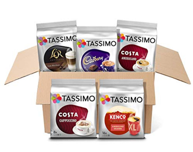 Tassimo Variety Box Costa, Kenco, Cadbury & L'OR Coffee Pods (Pack of 5, Total 56 Coffee Capsules) - Variety Pack - Single