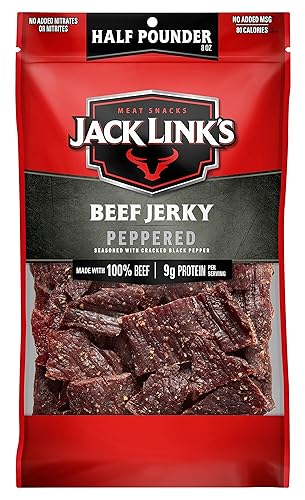 Jack Link's Beef Jerky, Peppered, 1/2 Pounder Bag - Flavorful Meat Snack, 9g of Protein and 80 Calories, Made with Premium Beef - 96% Fat Free, No Added MSG** or Nitrates/Nitrites - Peppered