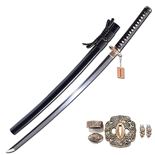 MURASAME Katana Sword 41" T10 Steel Clay Tempered Razor Sharp Blade Full Tang Handmade - Black-Chrysanthemum Theme Shinogi Zukuri