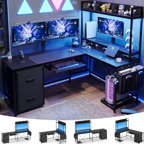 VIGKOOK L Shaped Gaming Desk, Reversible Corner Computer Desk with Power Outlet & Led Strip Home Office Desks Drawer File Cabinet Keyboard Tray (Black, 67in) - 67in - Black