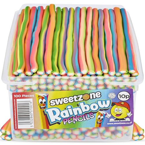 Sweetzone Rainbow Pencils, Retro Sweets Tub, Candy Sticks, 100 pcs, Halal Sweets, Sweets Bulk, Sweet Cart, Gummy Sweets, American Candy, UK British Sweets for Sweet Enthusiasts - Rainbow