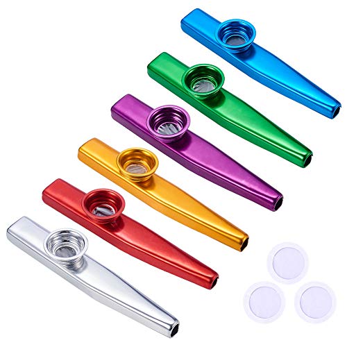 WANDIC Kazoos, 6 Pcs Aluminum Alloy Kazoos and 18 Pack Membrane Flute Diaphragm, Metal Mouth Kazoos, Mixed Color - type 2 - 6 mixed color