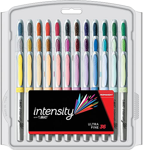 BIC Intensity Ultra Fine Tip Permanent Markers, 36-Count Permanent Marker Set in Assorted Fashion Colors, Cool Art Supplies for Teens and Adults - 36 Count (Pack of 1) - Assorted Ultra Fine