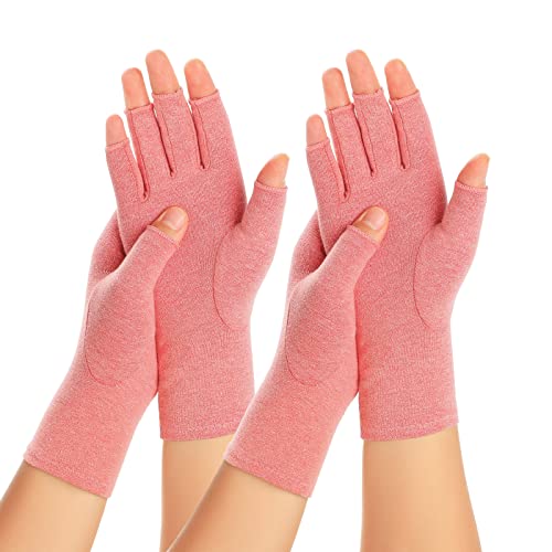 Zexhoor 2 Pairs Arthritis Compression Gloves for Women Men, Carpal Tunnel Pain Relief, Fingerless Gloves for Typing and Daily Work - Medium - Pink1+pink1