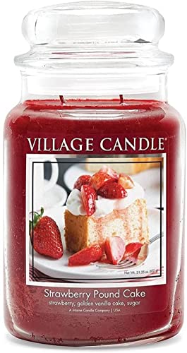 Village Candle Strawberry Pound Cake, Large Glass Apothecary Jar Scented Candle, 21.25 oz, Red