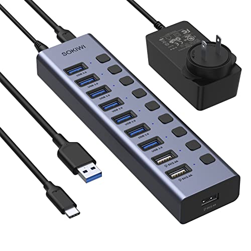 Powered USB 3.0 Hub, Sokiwi 10 Ports USB Hub Splitter(7 Data Transfer Ports+ 3 Smart Charging Ports) with Individual ON/Off Switches and Power Adapter, USB Hub 3.0 Powered for Mac, PC, Laptop - Metallic, Black