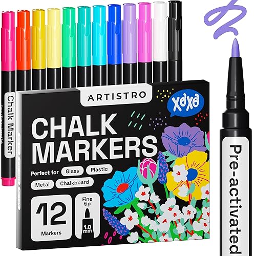 ARTISTRO Liquid Chalk Markers Pre-Activated, Liquid Chalk Markers Erasable Chalk Markers for Glass or First Day of School Sign, Chalkboard Markers with White Chalk for Kids & Adults (Fine Tip, 12) - 12 - Fine Tip