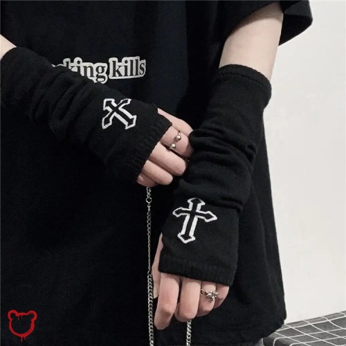 Black Cross Fingerless Gloves