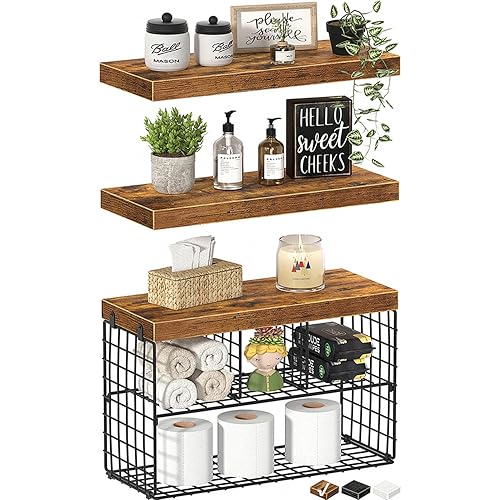 KLUVIS Floating Shelves Bathroom Wall - Shelf Over Toilet with Toilet Paper Storage Basket Small Farmhouse Decor 16 inch Set of 3, Rustic Brown (11BN3) - A. Brown