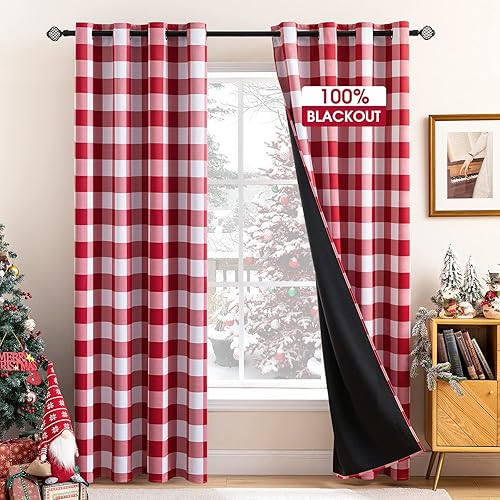 MIULEE Buffalo Plaid Blackout Curtains for Christmas 84 Inches Long Thermal Insulated Window Drapes with Printed Plaid for Living Room 2 Panels 52 Inch by 84 Inch Red and White - 52"W x 84"L (Pack of 2) - Red and White
