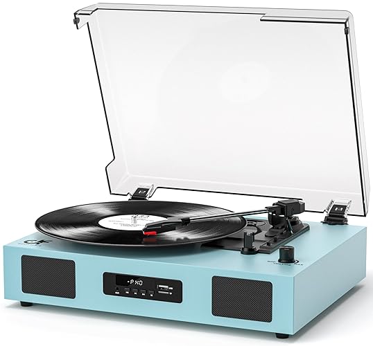 Vinyl Record Player Vintage Wireless Bluetooth Record Player with Enhanced Speakers, USB Recording, LP Player with 3-Speed Belt Drive Turntable Support RCA Line-Out AUX Input EQ,Blue - Teal Blue