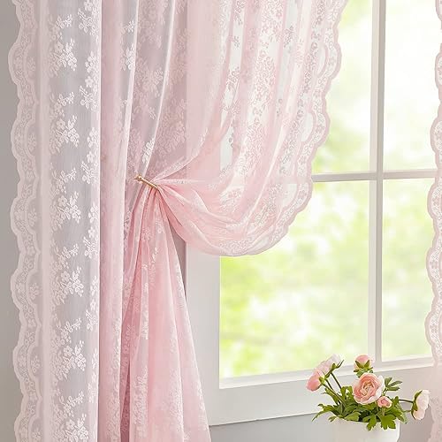 YJ YANJUN Sheer Pink Curtains for Girls Bedroom Vintage Light Pink Floral Lace Curtains Short Window Curtains 63 inch Length Princess Room Girls Room Valentine's Decor 2 Panels 52 x63 Inch - Light Pink - 52"W x 63"L (Pack of 2)