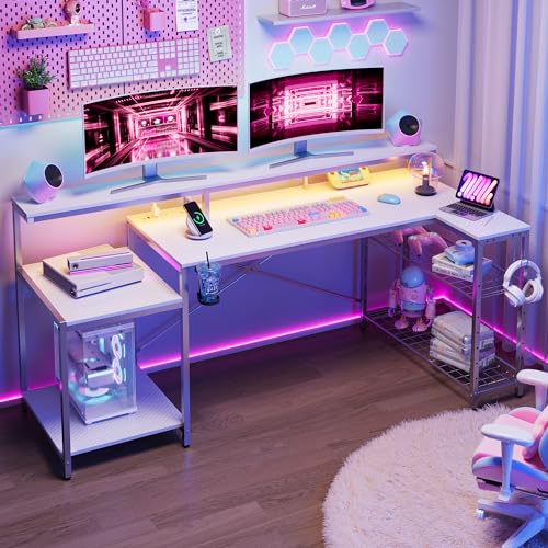 Bestier White Gaming Desk with Power Outlet, 71.5 LED Computer Desk with Monitor Stand, Large L Shaped Desk with Adjustable Shelf, Cup Holder & Headset Hooks, Corner Study Desk for Bedroom - White