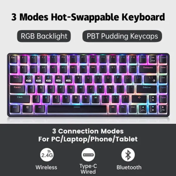 CPSTECH Wireless 84 Keys RGB Mechanical Keyboard PBT Pudding Keycaps Gaming Keyboard Customized