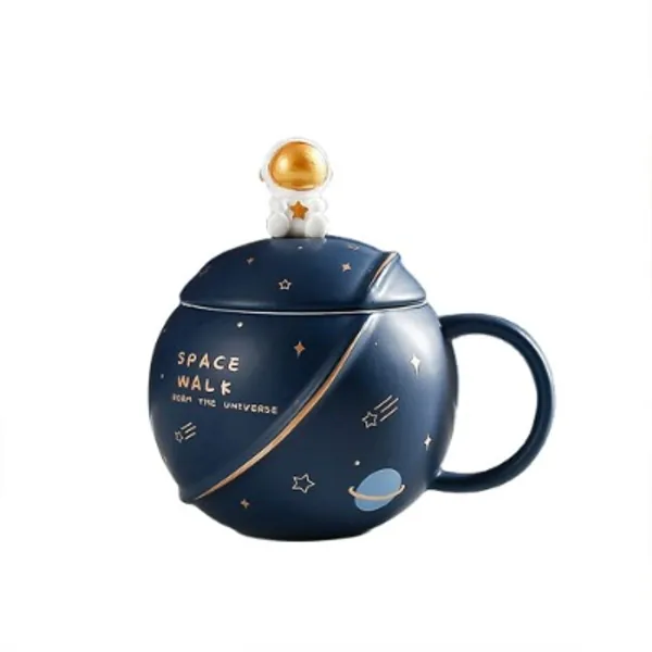 Astronaut Mug Planet Shape Coffee Milk Tea Cup Ceramic Outer Space Tumblers Water Drinking Cups with Lid and Spoon for Kids Girls Boys Birthday Gift Home Decor (Dark Blue)
