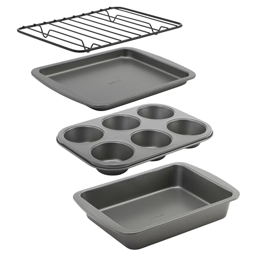 GoodCook 4-Piece Nonstick Steel Toaster Oven Set with Sheet Pan, Rack, Cake Pan, and Muffin Pan, Gray (4220), Assorted - Toaster Oven Set