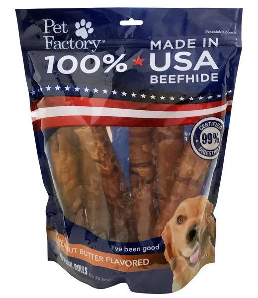 Pet Factory 100% Made in USA Beefhide 7-8" Rolls Dog Chews, Available in Multiple Flavors & Pack Size - Rolls (8 Inches) Peanut Butter 10 Count/1 Pack